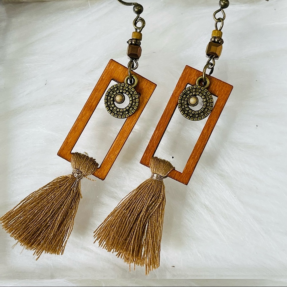 Wooden EARRINGS Open Rectangular hanging TASSEL earrings BOHO CHIC multi texture - Picture 4 of 6